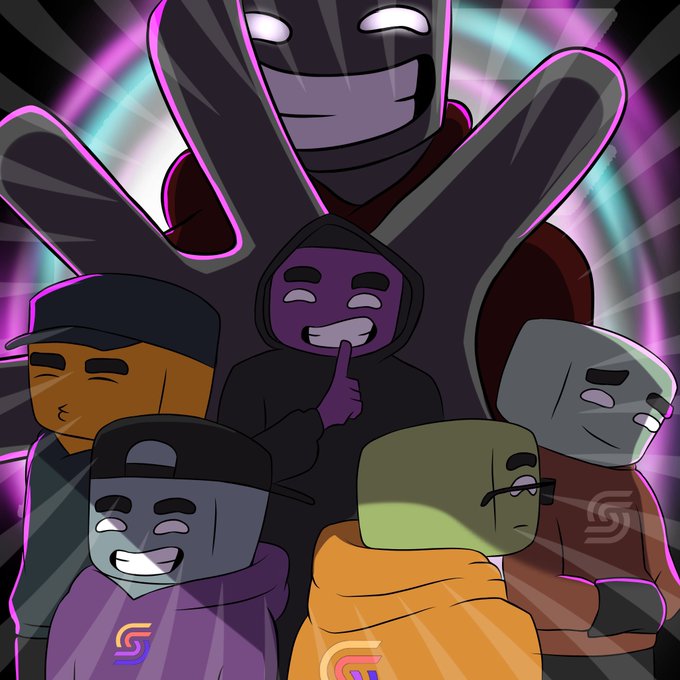 An illustration of several cartoon characters in hoodies, with a large shadowy figure looming behind them and a purple character in the center making a 'shh' gesture with glowing pink rings in the background.