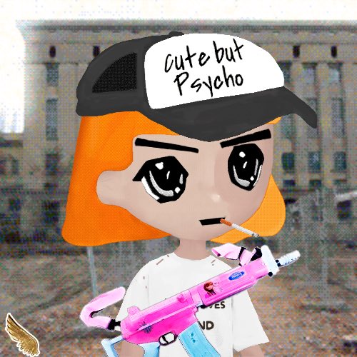 An animated character with orange hair wears a black and white trucker hat reading 'cute but psycho', smokes a cigarette, and holds a pink and blue rifle, set against a blurred urban background.