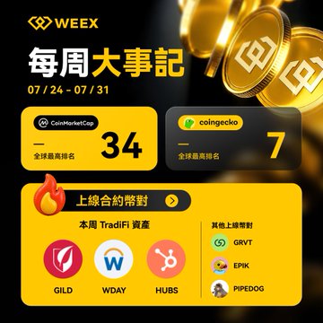WEEY weekly crypto recap graphic (07/24-07/31) showing CoinMarketCap rank 34, CoinGecko rank 7, top TradFi assets GILD, WDAY, HUBS, and trending tokens GRVT, EPIK, PIPEDOG.