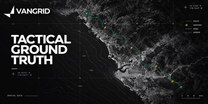 A dark tactical-style map branded "VANGRID" displays "TACTICAL GROUND TRUTH" with a coastal route marked by waypoints along longitude 118.7422° W and latitude 34.2106° N, illustrating the spatial data network that leverages existing hardware rather than building costly new infrastructure. The map's scale bar and legend (showing route, waypoints, roads, and borders) visually reinforce the concept of mapping terrain using readily available equipment.