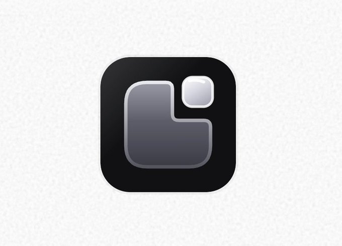 A digital illustration of a dark app icon featuring a gray, rounded 'L' shape with a smaller square, set against a textured white background.