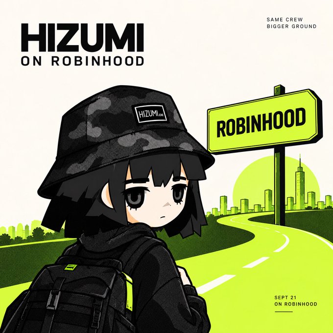 The image is a promotional graphic for the HIZUMI NFT collection, featuring an anime-style character in a black camo bucket hat and tactical gear, with a "ROBINHOOD" sign and a green cityscape. Key text includes "HIZUMI ON ROBINHOOD," "SAME CREW BIGGER GROUND," and the mint date "SEPT 21 ON ROBINHOOD," aligning with the post's excitement about the upcoming mint on 21.09.2026 and the playful "wen mint?" anticipation.