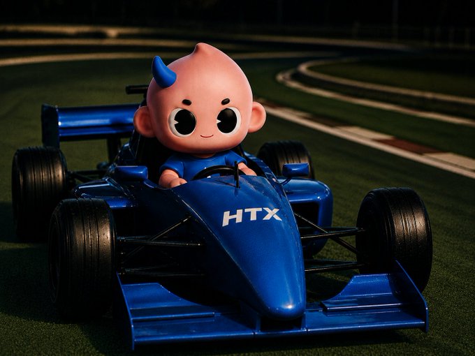 A small pink cartoon character with blue horns driving a blue HTX-branded Formula 1 race car on a track.