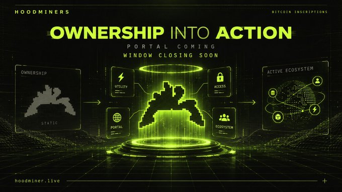 The image is a promotional graphic for "Hoodminers" (hoodminer.live) featuring the headline "OWNERSHIP INTO ACTION" and "PORTAL COMING / WINDOW CLOSING SOON," with a green-glowing Bitcoin inscription figure transitioning from a static "OWNERSHIP" state on the left through features (UTILITY, ACCESS, PORTAL, ECOSYSTEM) into an "ACTIVE ECOSYSTEM" on the right—visually reinforcing the post's message about transforming passive Bitcoin inscription ownership into an active, interactive experience.