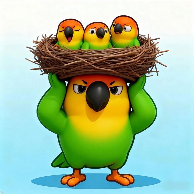 The image features a cartoon character, likely a bird or a parrot, standing against a blue background with its head tilted upwards as if looking at something above it. The bird has an angry expression on its face, giving off an impression of being upset or frustrated. The bird is holding a nest in its beak and appears to be wearing a hat that matches the color scheme of the image.