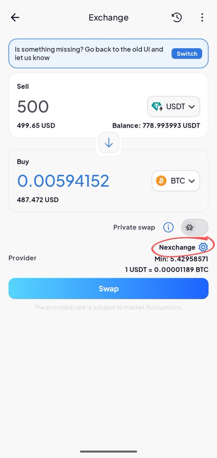 Mobile exchange screen selling 500 USDT to buy 0.00594152 BTC, with the "Nexchange" provider option circled in red.