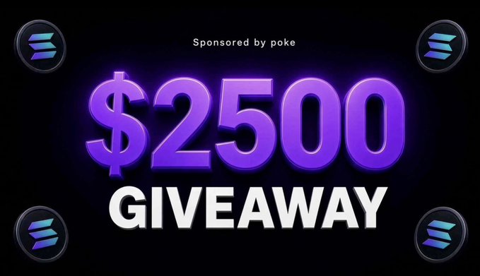A promotional graphic displaying '$2500 GIVEAWAY' in purple neon text, sponsored by 'poke', with Solana logos in the corners.