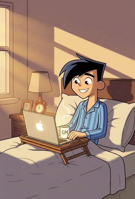 Cartoon-style illustration of a smiling young man with black hair sitting in bed wearing blue striped pajamas, using a laptop on a bed tray while holding a steaming mug labeled 'GM,' with a lamp and clock on the nightstand.