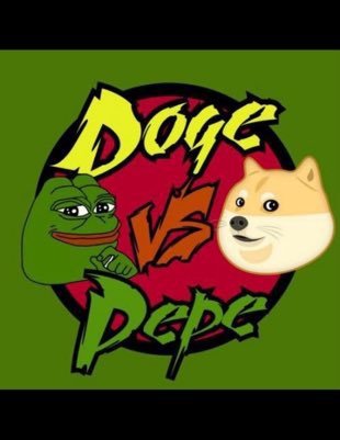 A vibrant graphic with a green background featuring a 'Doge vs Pepe' showdown, displaying the iconic Pepe the Frog character on the left and the Doge Shiba Inu meme face on the right, with stylized text reading "Doge" and "Pepe" separated by a red "VS."