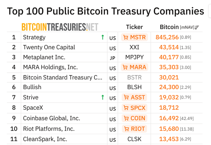 The image shows a table with various statistics about public bitcoin treasure companies. The table displays information such as the number of shares held by each company, their market capitalization, and other financial data. The table also includes a list of the top 100 public bitcoin treasure companies along with their respective ranks in terms of market capitalization.