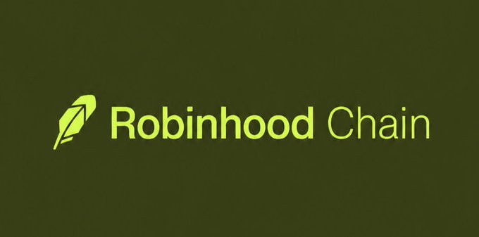 The image displays the "Robinhood Chain" logo in light green text with a stylized quill/feather icon on a dark olive background. The logo reinforces the post's narrative by branding the new blockchain venture, visually tying Robinhood's established identity (the quill symbol) to its expansion into crypto infrastructure, where its existing retail investor base becomes the key differentiator.