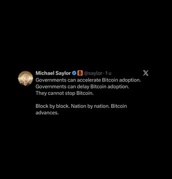 A tweet from Michael Saylor (@saylor) stating "Governments can accelerate Bitcoin adoption. Governments can delay Bitcoin adoption. They cannot stop Bitcoin. Block by block. Nation by nation. Bitcoin advances."