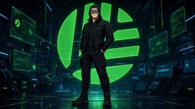 A stylized illustration of a man dressed in black tactical gear and sunglasses, standing confidently in a cyberpunk server room with a large glowing green emblem behind him.