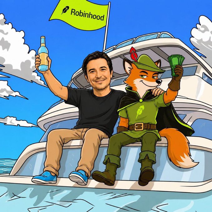 A cartoon illustration shows a man and a fox dressed in Robin Hood attire sitting on a yacht with a "Robinhood" flag, both raising drinks in celebration, visually reinforcing the post's pitch for $FOX as the mascot token of Robinhood Chain.