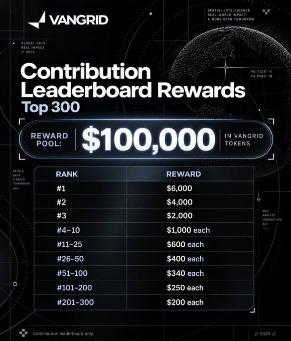 VANGRID Contribution Leaderboard Rewards poster showing Top 300 rewards pool of $100,000 in VANGRID tokens, with rank #1 receiving $6,000, #2 $4,000, #3 $2,000, scaling down to $200 for ranks #201-300.