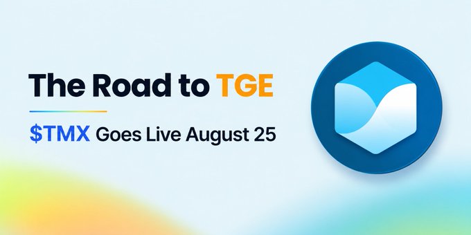 A promotional graphic reading 'The Road to TGE - $TMX Goes Live August 25' with a blue hexagonal logo on a gradient background.