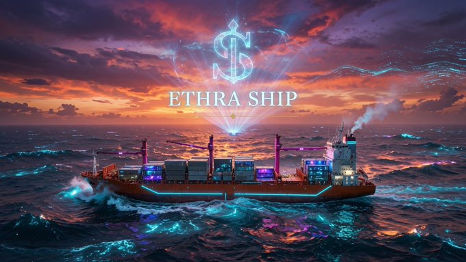 A digital illustration of a cargo ship at sea with the text 'ETHRA SHIP' and a dollar sign logo above it against a vibrant sunset sky.