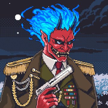 Pixel art depicts a red-skinned demon character with bright blue flame-like hair, wearing a military uniform adorned with medals and holding a silver handgun.