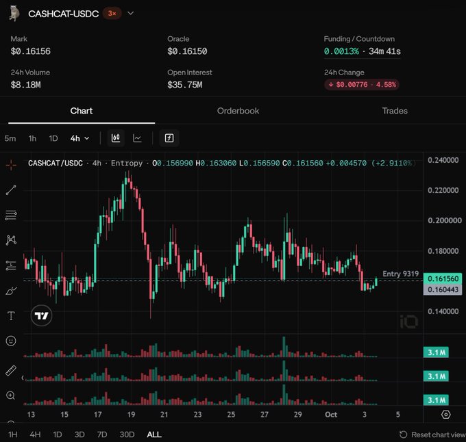 A financial trading chart for "CASHCAT-USDC" shows a 4-hour candlestick pattern with key metrics including a Mark price of $0.16156, a 24h Volume of $8.18M, and a 24h Change of -4.58%.