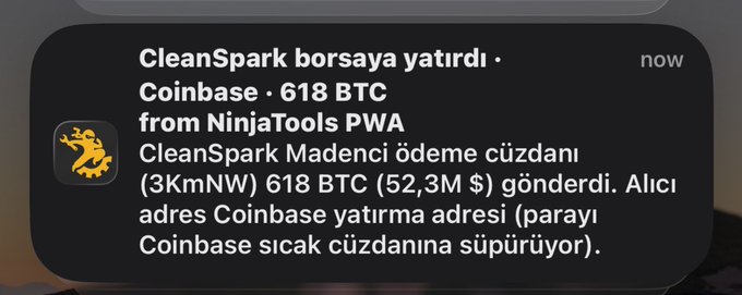 The image is a screenshot of a Turkish post stating that CleanSpark transferred **618 BTC (about $52.3 million)** from **NinjaTools PWA** to its **Madenci** wallet, then deposited the funds into Coinbase, with observers suggesting the Bitcoin may have moved into a “hot wallet.” This supports the accompanying comment’s broader focus on tracking industry and on-chain movements.