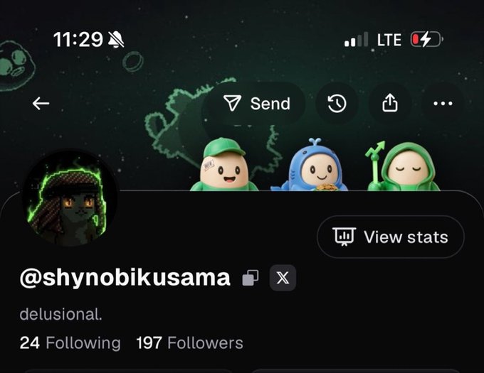 A screenshot of a social media profile for "@shynobikusama" displayed on the pump.fun app, featuring a dark green animated avatar, a bio reading "delusional.", and stats showing 24 Following and 197 Followers, with the @shynobikusama handle visible as advertised in the accompanying $45 SOL giveaway post.