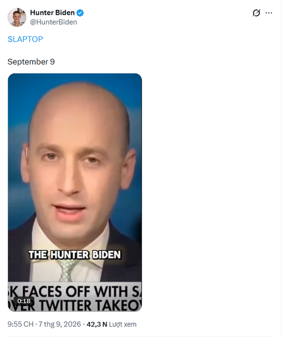 A tweet by verified user @HunterBiden on September 9 features a video thumbnail of a bald man in a suit with the text 'THE HUNTER BIDEN' and a partial headline '...K FACES OFF WITH S... VER TWITTER TAKEOV'.