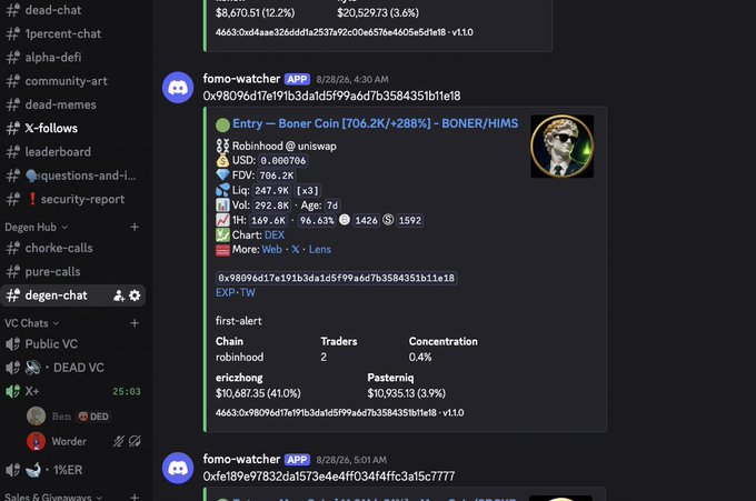 Discord chat interface showing crypto trading alerts from the fomo-watcher bot, including entry for Boner Coin ($BONER/HIMS) at uniswap with FDV 706.2K, Liquidity 247.9K, and Volume 392.8K.