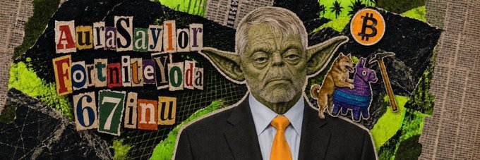 A collage-style image features a man in a suit with Yoda-like ears beside ransom-note-style text reading "AutaSaylor FortniteYoda 67inu," alongside a Bitcoin logo and a "67" llama meme reference, visually tying together the $BITCOIN on Robinhood meme's blend of MicroStrategy/Saylor culture, Fortnite remix humor, Star Wars Yoda lore, and the viral "67" internet narrative.