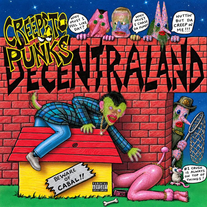 An album cover titled 'Creepotic Punks - Pentagramland' featuring colorful cartoon characters on top of a brick wall and a green creature emerging from a doghouse, with text bubbles and a 'Parental Advisory' label.