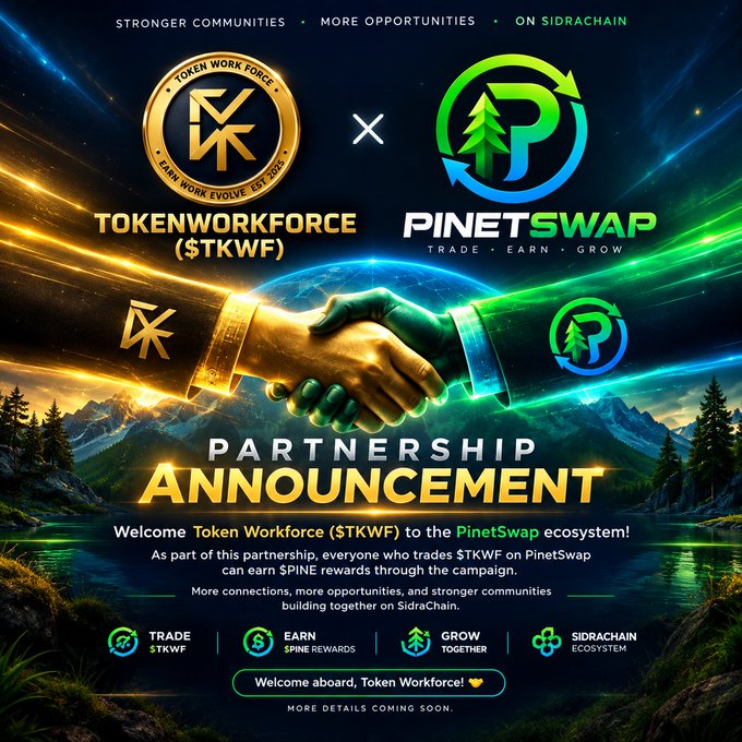 A partnership announcement graphic between Token Workforce ($TKWF) and PineSwap, featuring a handshake between two arms—one glowing gold and the other green—set against a scenic mountain and lake background.