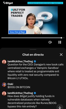 A mobile screenshot of a Bitget livestream featuring a woman in the video and a live chat discussing 'Dara's new book', 'Vampire Sandbox', 'Bitcoin UTXOs', 'Bitget', and 'SDOG ON BITCOIN'.