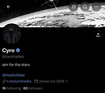 A screenshot of a Twitter/X profile for "Cyro" (@cyrotrades), with the bio "aim for the stars" and a space-themed profile picture showing a hooded figure against a planetary backdrop. The profile displays only 16 following, 63 followers, and references @implicitdao, aligning with the post's caption "The scammers dao" by highlighting the low follower count and modest engagement that contradicts the ambitious "aim for the stars" tagline.
