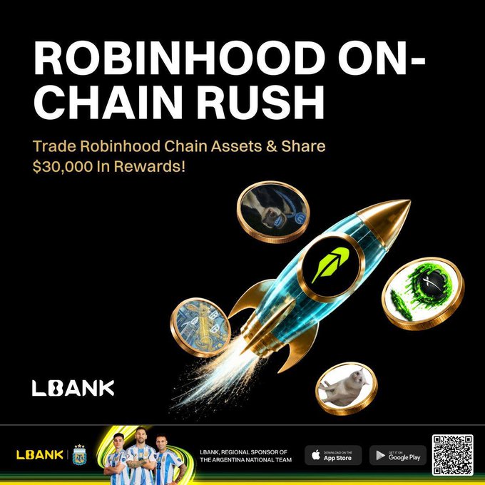 The promotional graphic advertises the "ROBINHOOD ON-CHAIN RUSH" event hosted by LBANK, featuring bold white and yellow text on a black background with the headline "Trade Robinhood Chain Assets & Share $30,000 In Rewards!" A gold and teal rocket ship with the Robinhood Chain logo blasts upward, surrounded by floating coins displaying various cryptocurrencies and token designs, reinforcing the trading competition theme. The bottom of the image displays the LBANK logo, notes the exchange as a regional sponsor of the Argentina National Team alongside images of two soccer players, and includes QR codes along with Apple App Store and Google Play download badges for mobile access.