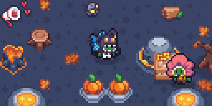 Pixel art game graphics featuring various characters including a purple creature, a hooded figure, a colorful monster, pumpkins, and other RPG-style sprites against a dark blue background.