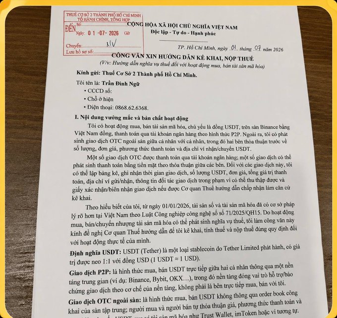 A Vietnamese legal document titled 'CÔNG VĂN XIN HƯỚNG DẪN KẾ KHAI, NỘP THUẾ' from the Ho Chi Minh City Tax Department, addressed to Trần Đình Ngữ, defining USDT, P2P trading, and OTC transactions.