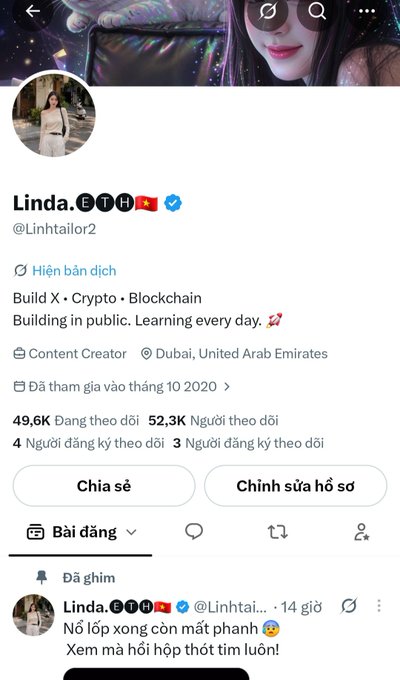 Screenshot of Linda (@Lintailor2)'s X (Twitter) profile with 49.6K following and 52.3K followers, displaying a pinned post from 14 hours ago that reads "Nó lớp xong còn mất phanh😭 Xem mà hồi hộp thót tim luôn!" — this aligns with her caption celebrating her growth toward 100K followers, showing the account she's actively building with the combined strategy of content, engagement, and monetization she describes.