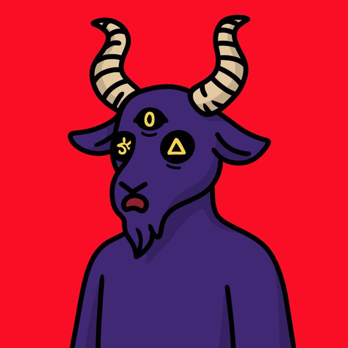 A purple goat-like demon with curved striped horns and glowing yellow symbols (a circle, fleur-de-lis, and triangle) for eyes stands against a bright red background.