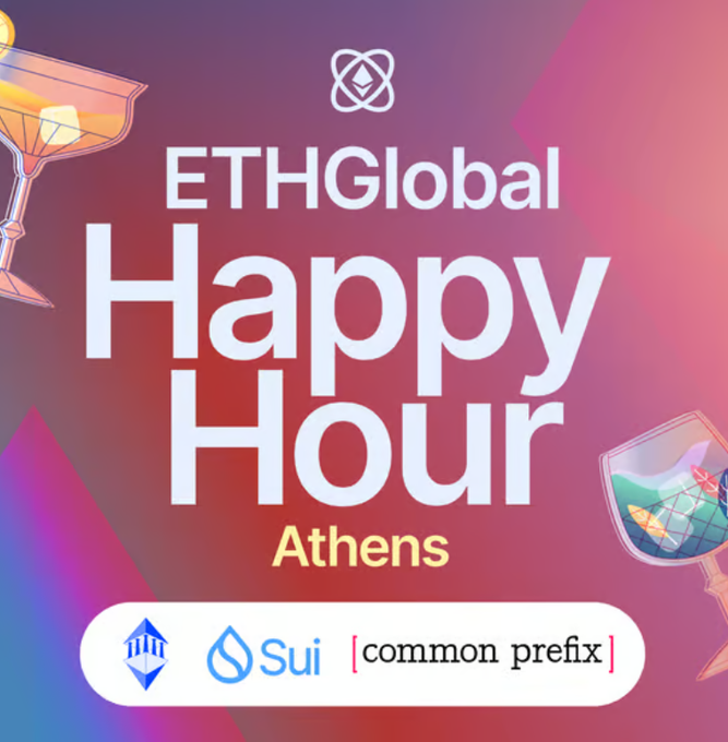 A promotional graphic for 'ETHGlobal Happy Hour Athens' featuring cocktail glass illustrations and logos for Sui and common prefix on a pink and purple gradient background.
