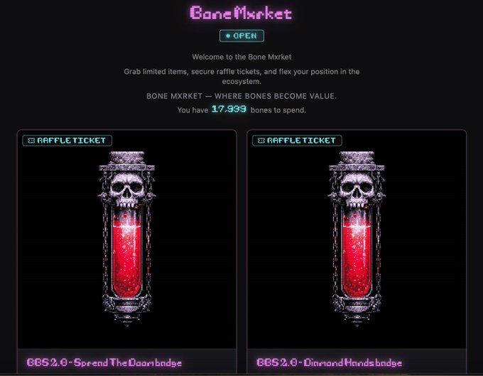 A screenshot of a digital storefront called 'Bone Mxrxket' showing it is open, with the user having 17,939 bones to spend, and displaying two raffle ticket items featuring skull-topped vials of red liquid.