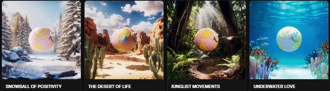 Four AI-generated images labeled 'SNOWBALL OF POSITIVITY', 'THE DESERT OF LIFE', 'JUNGLIST MOVEMENTS', and 'UNDERWATER LOVE', each featuring a colorful smiley beach ball in different environments.