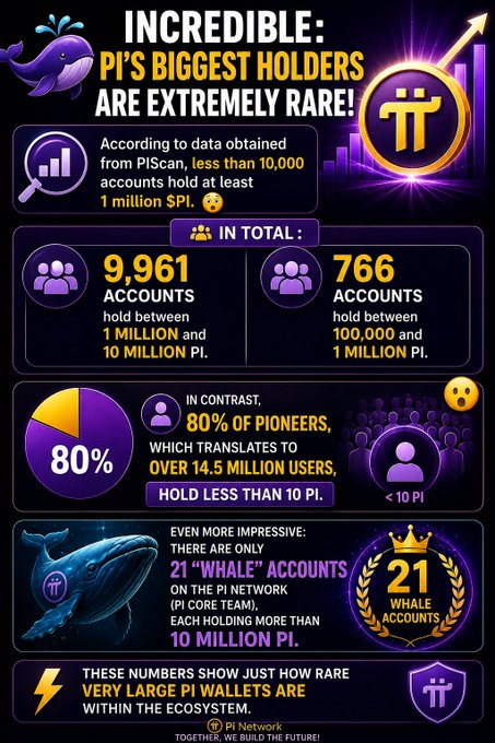 The infographic reveals the extreme rarity of large Pi ($PI) holders, showing that fewer than 10,000 accounts hold at least 1 million PI—specifically 9,961 accounts with 1-10 million PI and 766 with 100,000-1 million PI—while 80% of the 14.5+ million Pioneers hold less than 10 PI, with only 21 "whale" accounts exceeding 10 million PI on the Pi Core Team network.