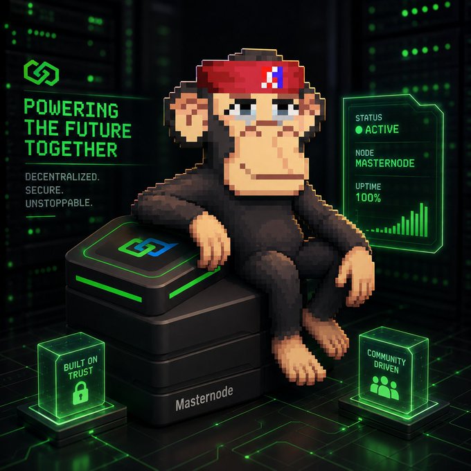 A pixel-art monkey mascot sitting on a server labeled 'Masternode', with text 'POWERING THE FUTURE TOGETHER', 'DECENTRALIZED. SECURE. UNSTOPPABLE.', and status panels showing 'STATUS: ACTIVE', 'NODE: MASTERNODE', 'UPTIME: 100%', 'BUILT ON TRUST', and 'COMMUNITY DRIVEN'.