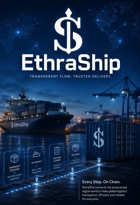 A promotional graphic for 'EthraShip' featuring the tagline 'TRANSPARENT FLOW, TRUSTED DELIVERY' shows a cargo ship and shipping containers with icons representing blockchain-verified logistics.