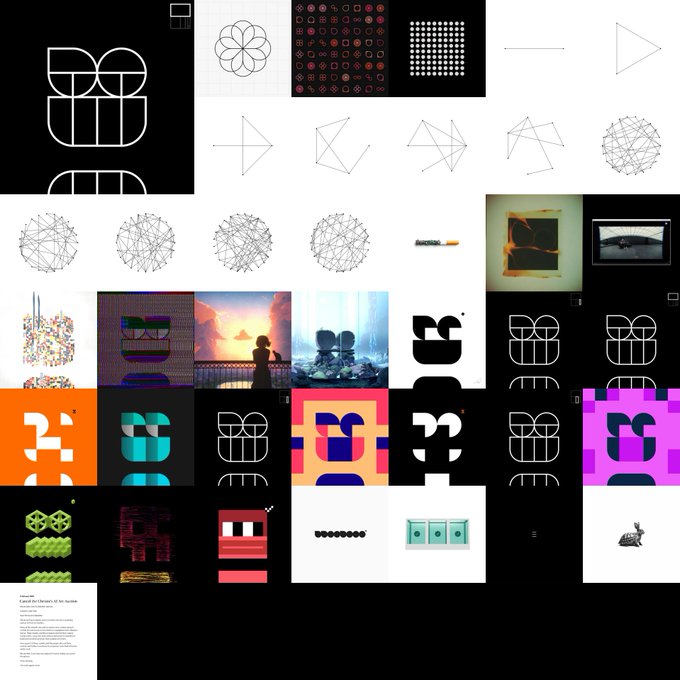 A collage of various graphic design works, logos, and digital art projects, featuring geometric shapes, typography, and colorful compositions on black and white backgrounds.