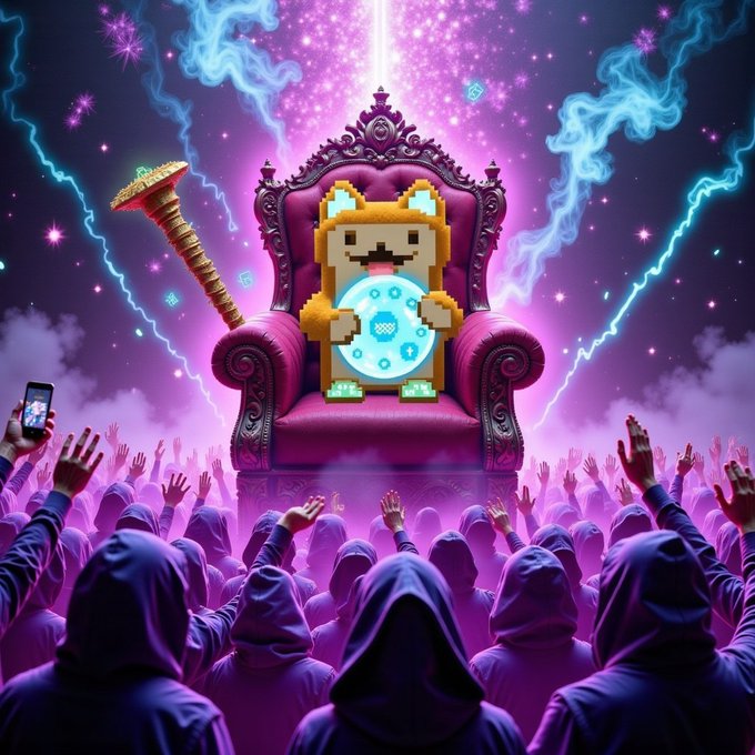A pixel art character holding a golden staff and a blue orb sits on a glowing throne above a crowd of hooded figures with raised hands.