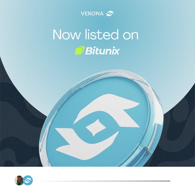A promotional graphic for the 'VERONA' token announcing it is 'Now listed on Bitunix', featuring a 3D coin with the Verona logo.