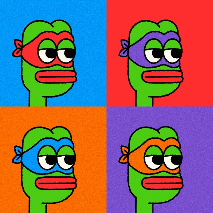 A four-panel pop art style image featuring Pepe the Frog wearing a colored mask and headband in each panel against different colored backgrounds (blue, red, orange, purple), styled in the manner of Andy Warhol's pop art.
