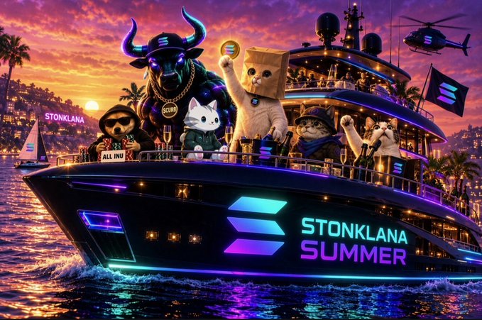 A vibrant illustration of a luxury yacht named 'STONKLANA SUMMER' filled with animal characters including a bull wearing a 'SOON' medallion, with the Solana logo prominently displayed.