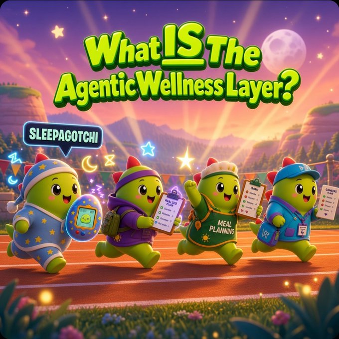 A vibrant cartoon-style promotional image titled 'What IS The Agentic Wellness Layer?' features four green dinosaur-like characters labeled 'SLEEPAGOTCHI' on a running track, with tags mentioning 'MEAL PLANNING'.