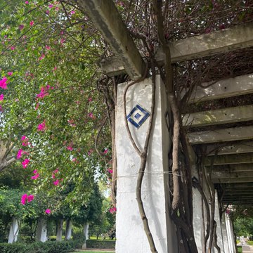 A concrete pergola is draped with bougainvillea vines, featuring a blue diamond-shaped logo on one of its pillars. The diamond emblem resembles the Monad (MON) cryptocurrency logo, playfully illustrating the post's joke about seeing the Monad symbol everywhere.